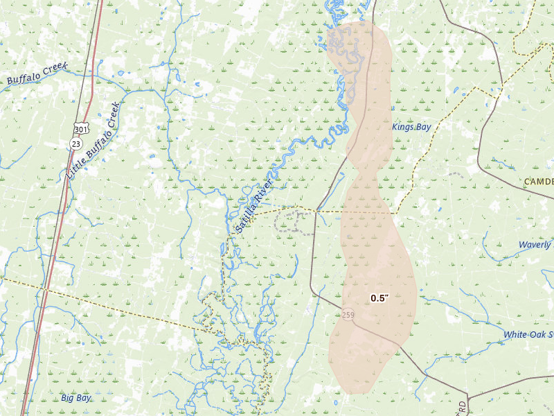 Radar-estimated hail-size map of the storm over Waynesville, GA