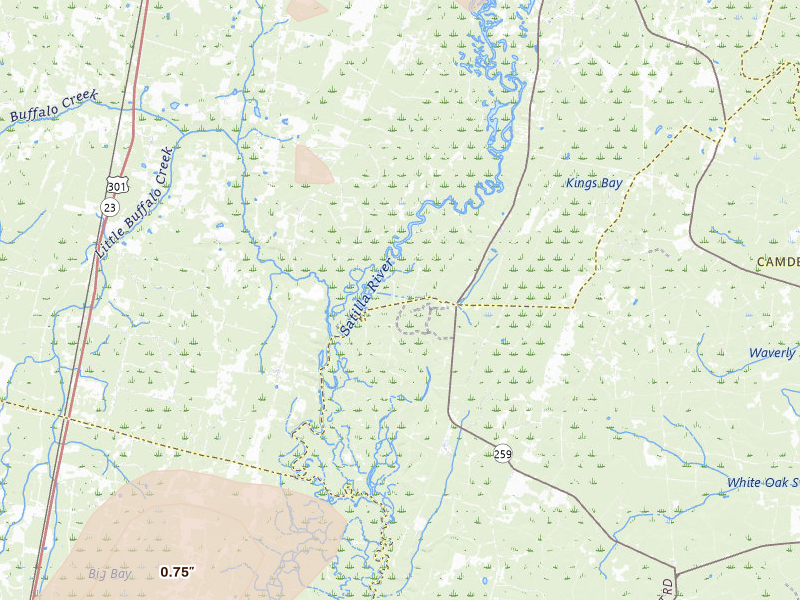 Radar-estimated hail-size map of the storm over Waynesville, GA on Jun 14, 2026