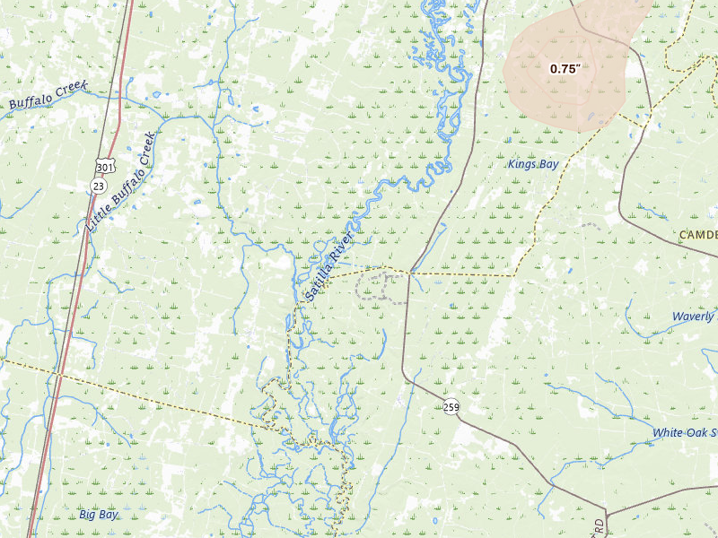 Radar-estimated hail-size map of the storm over Waynesville, GA on Jul 11, 2026