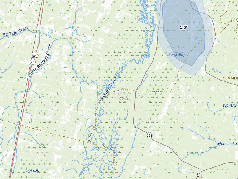 NEXRAD radar-signature map of the hail storm over Waynesville, GA on Jul 11, 2026