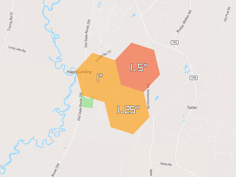 Hail map of Waynesville, GA on Jul 11, 2026, hail up to 1.5"
