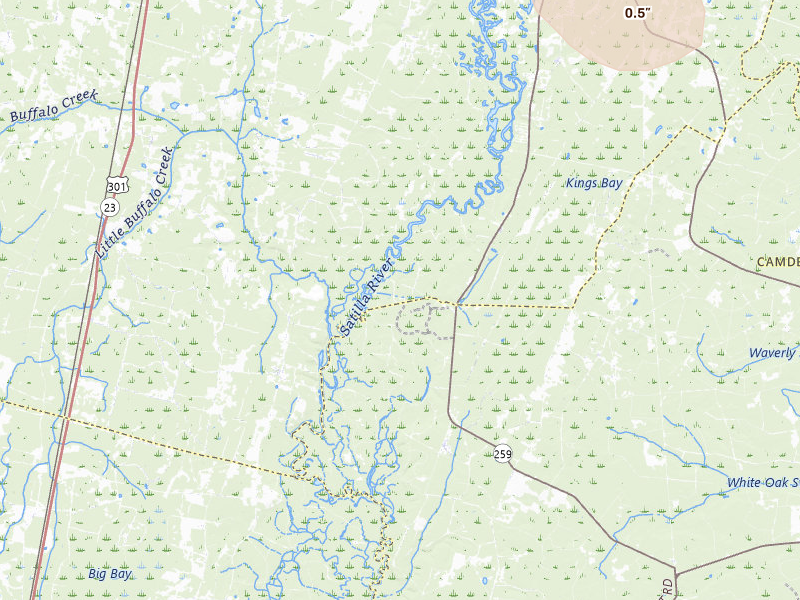 Radar-estimated hail-size map of the storm over Waynesville, GA on Jul 29, 2026