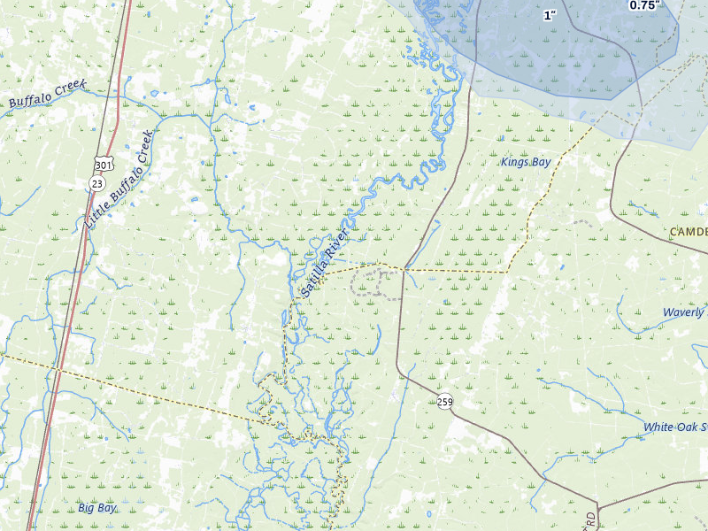 NEXRAD radar-signature map of the hail storm over Waynesville, GA on Jul 29, 2026