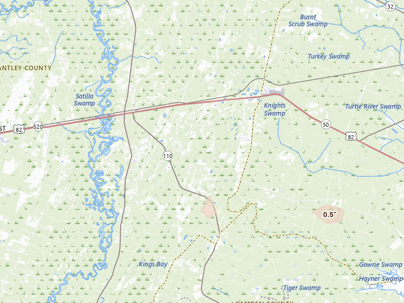 Radar-estimated hail-size map of the storm over Waynesville, GA on Aug 13, 2026