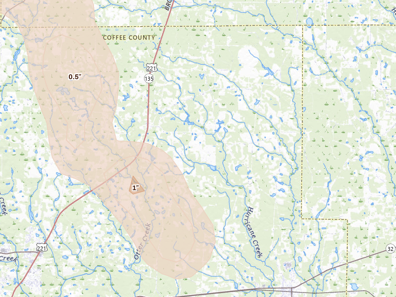Radar-estimated hail-size map of the storm over West Green, GA on May 17, 2026