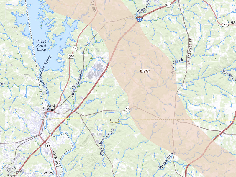 Radar-estimated hail-size map of the storm over West Point, GA on Jun 1, 2026