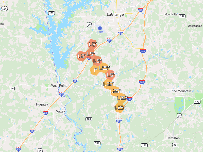 Hail map of West Point, GA on Jun 1, 2026, hail up to 1.5"