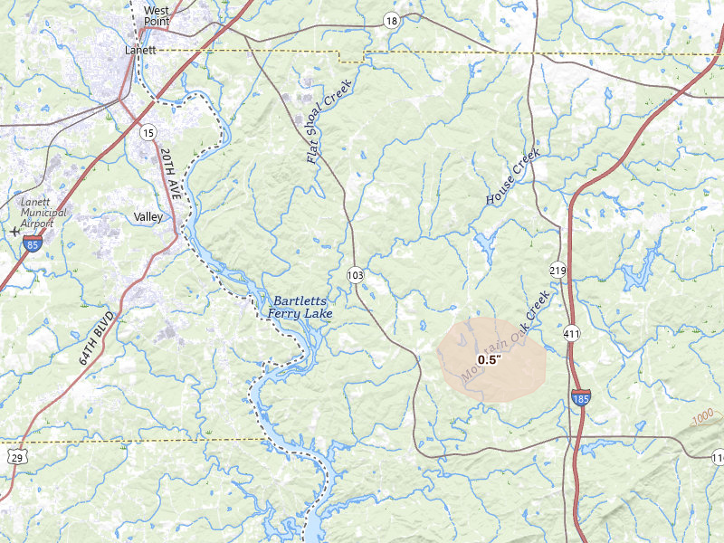 Radar-estimated hail-size map of the storm over West Point, GA on Aug 11, 2026