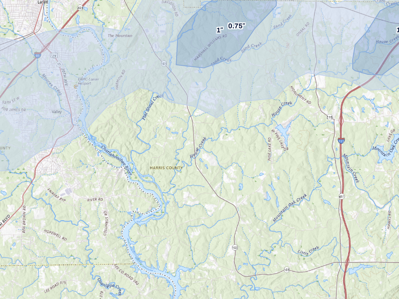 NEXRAD radar-signature map of the hail storm over West Point, GA on Aug 14, 2026