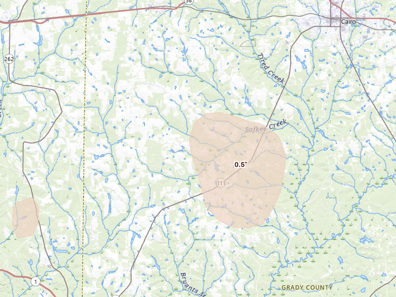 Radar-estimated hail-size map of the storm over Whigham, GA on Jul 30, 2026