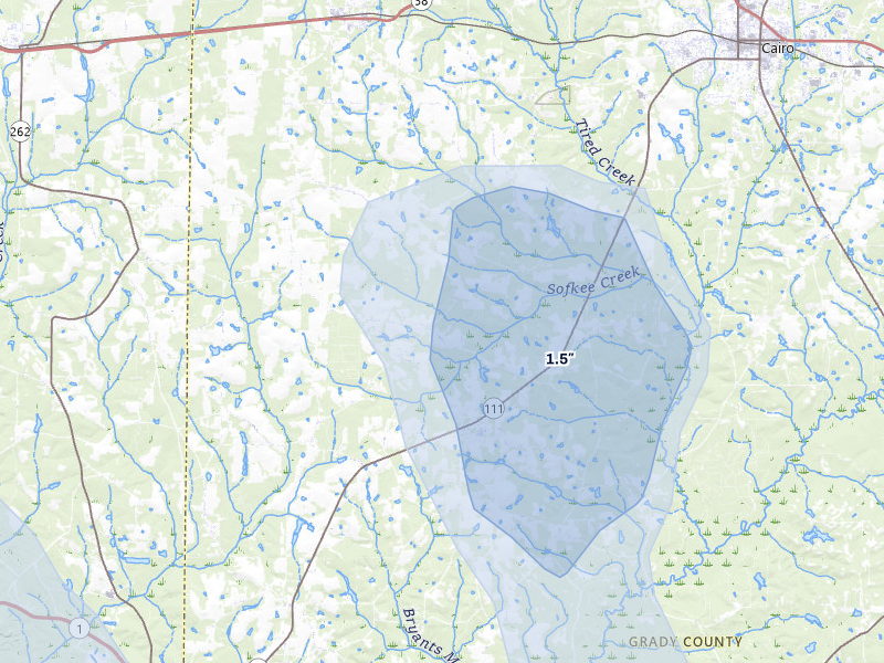 NEXRAD radar-signature map of the hail storm over Whigham, GA on Jul 30, 2026