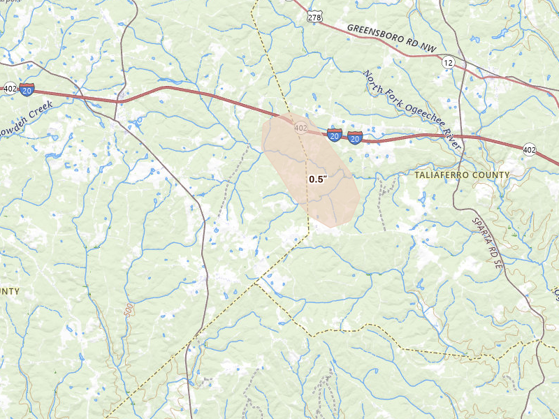 Radar-estimated hail-size map of the storm over White Plains, GA on Aug 13, 2026