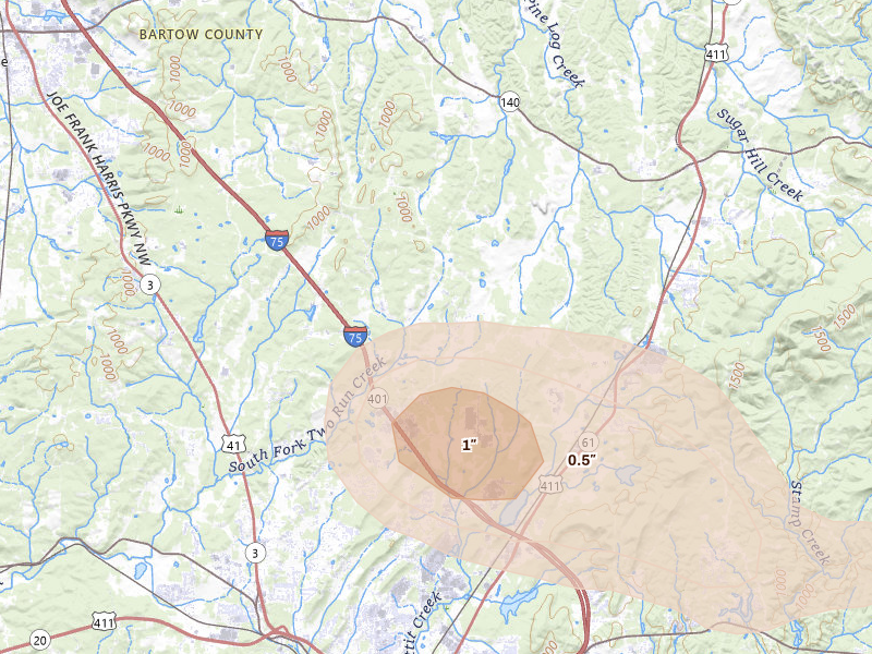 Radar-estimated hail-size map of the storm over White, GA on Jul 3, 2026