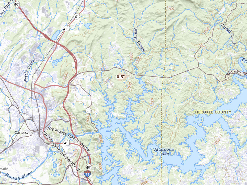 Radar-estimated hail-size map of the storm over White, GA on Aug 4, 2026