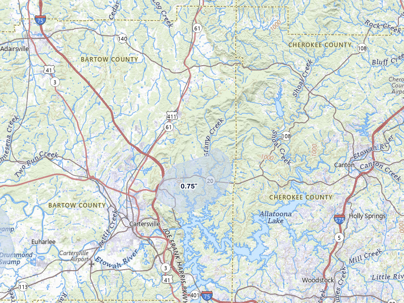 NEXRAD radar-signature map of the hail storm over White, GA on Aug 4, 2026