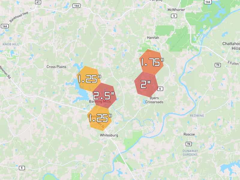 Hail map of Whitesburg, GA on Jul 5, 2026, hail up to 2.5"