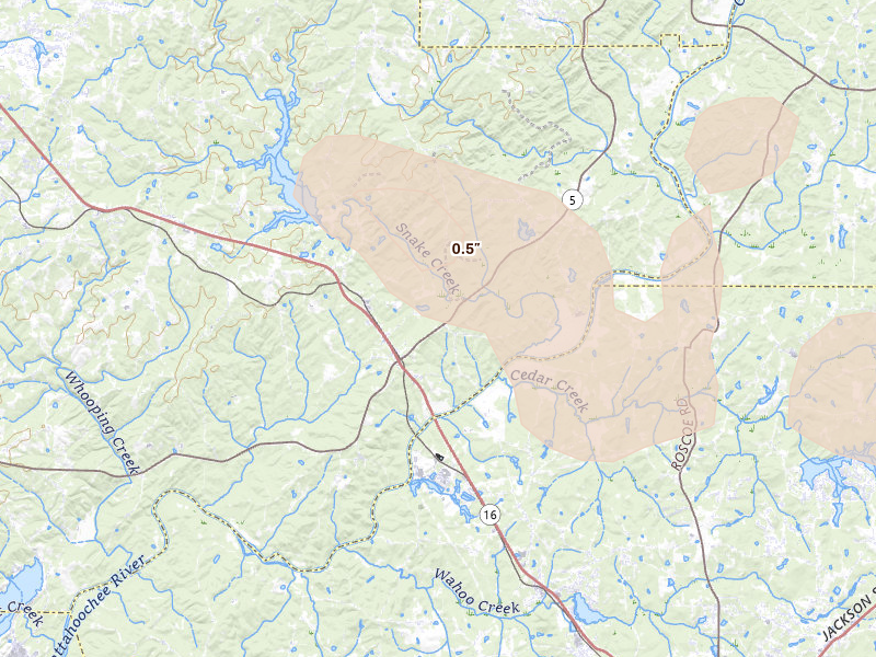 Radar-estimated hail-size map of the storm over Whitesburg, GA on Aug 11, 2026