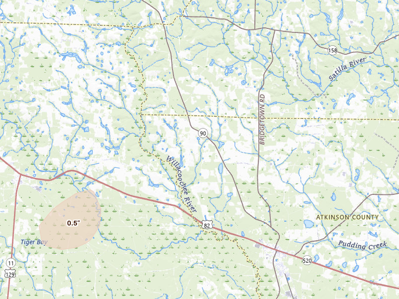 Radar-estimated hail-size map of the storm over Willacoochee, GA on Jul 6, 2026