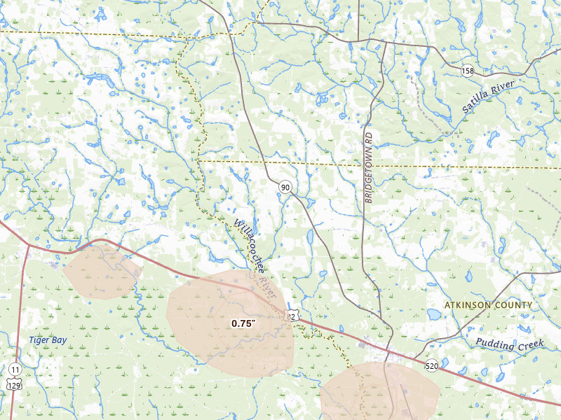 Radar-estimated hail-size map of the storm over Willacoochee, GA on Aug 21, 2026