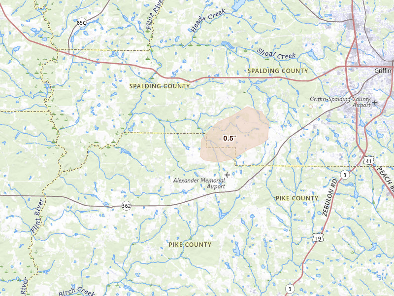 Radar-estimated hail-size map of the storm over Williamson, GA on Aug 28, 2026