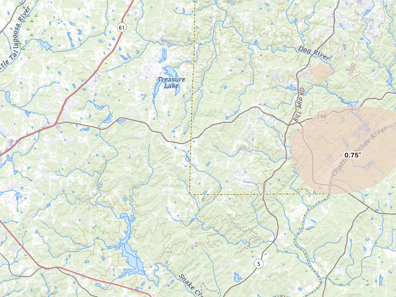 Radar-estimated hail-size map of the storm over Winston, GA on Jul 1, 2026