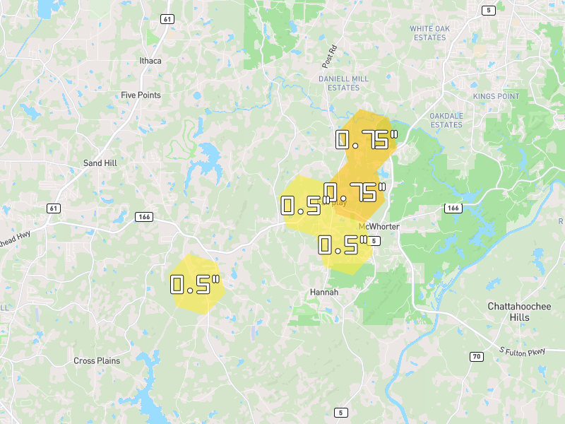 Hail map of Winston, GA on Jul 1, 2026, hail up to 0.75"