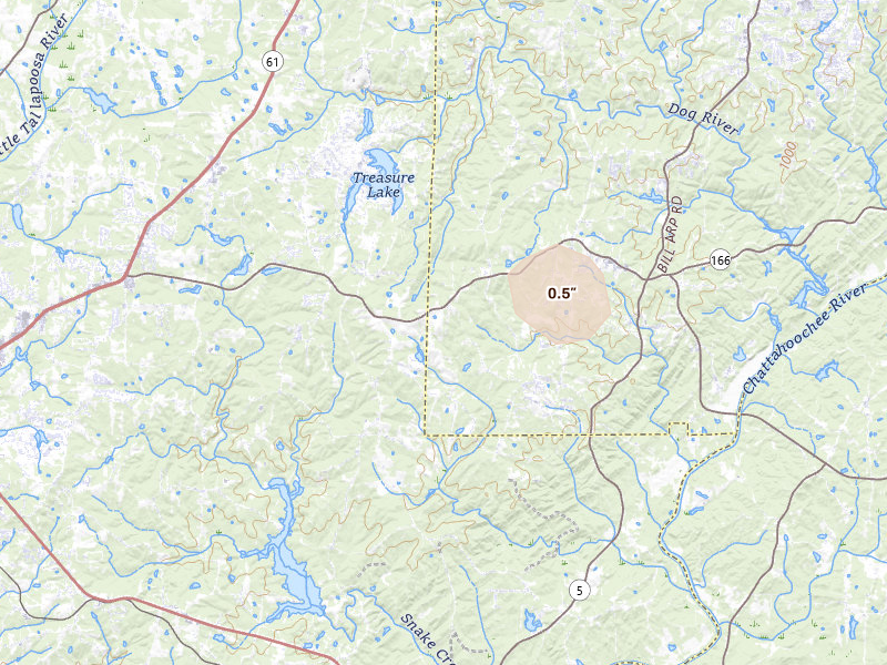 Radar-estimated hail-size map of the storm over Winston, GA on Aug 14, 2026