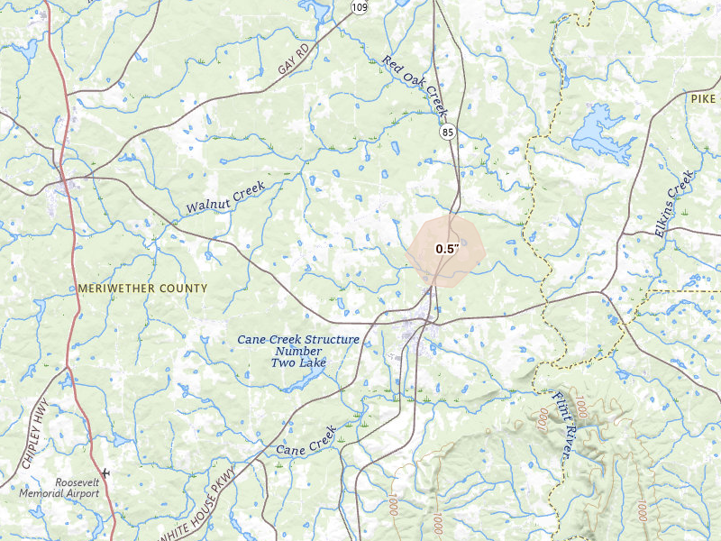Radar-estimated hail-size map of the storm over Woodbury, GA on Aug 5, 2026