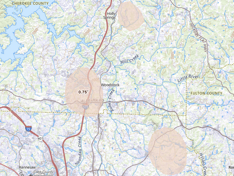 Radar-estimated hail-size map of the storm over Woodstock, GA on Sep 5, 2026