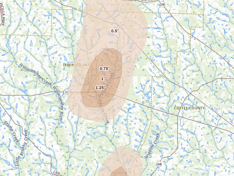 Radar-estimated hail-size map of the storm over Wray, GA on May 22, 2026