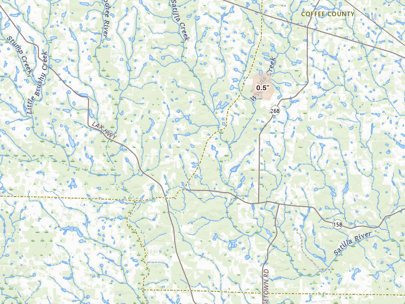 Radar-estimated hail-size map of the storm over Wray, GA on Aug 14, 2026