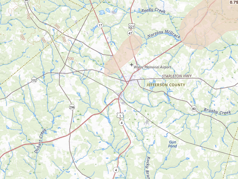 Radar-estimated hail-size map of the storm over Wrens, GA on May 23, 2026