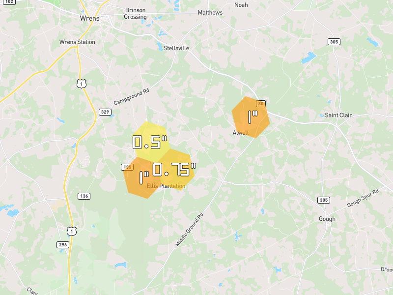 Hail map of Wrens, GA on Jul 12, 2026, hail up to 1"