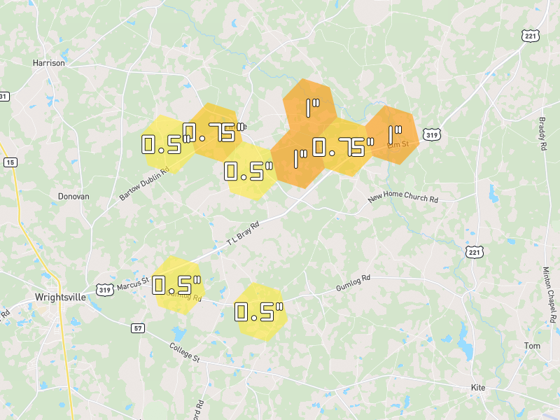 Hail map of Wrightsville, GA on Jul 5, 2026, hail up to 1"