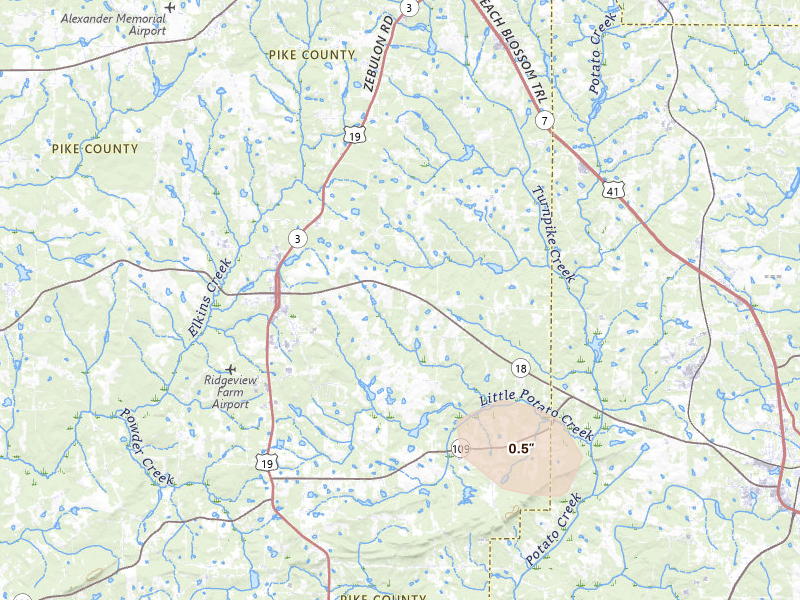 Radar-estimated hail-size map of the storm over Zebulon, GA on Aug 21, 2026
