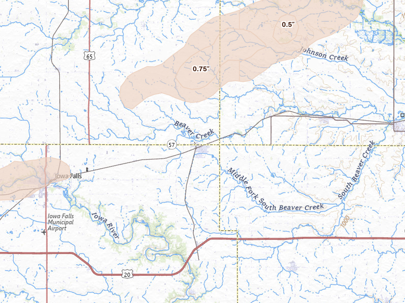 Radar-estimated hail-size map of the storm over Ackley, IA on Jun 10, 2026