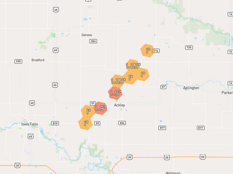 Hail map of Ackley, IA on Jul 2, 2026, hail up to 1.5"