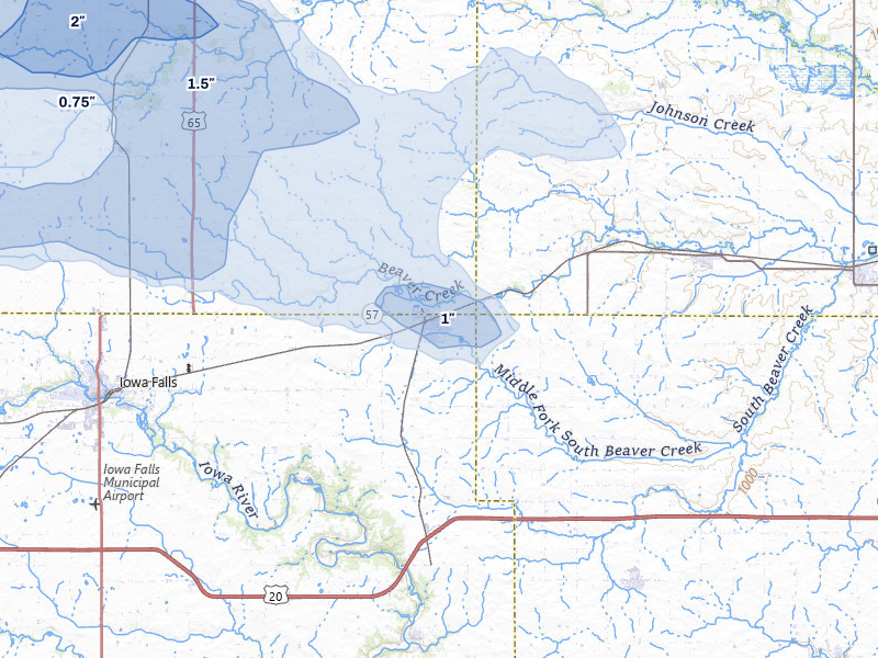 NEXRAD radar-signature map of the hail storm over Ackley, IA on Jul 8, 2026