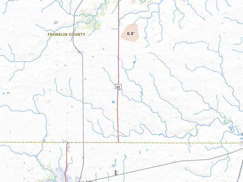 Radar-estimated hail-size map of the storm over Ackley, IA on Aug 6, 2026