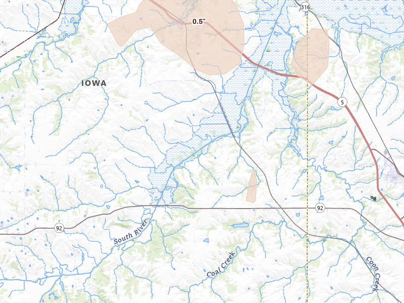 Radar-estimated hail-size map of the storm over Ackworth, IA on May 18, 2026