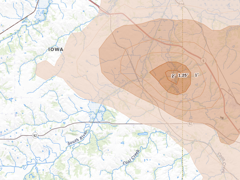 Radar-estimated hail-size map of the storm over Ackworth, IA on Jun 5, 2026