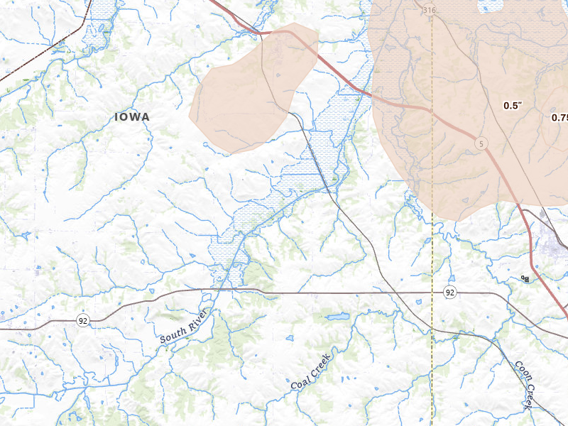 Radar-estimated hail-size map of the storm over Ackworth, IA on Jun 10, 2026