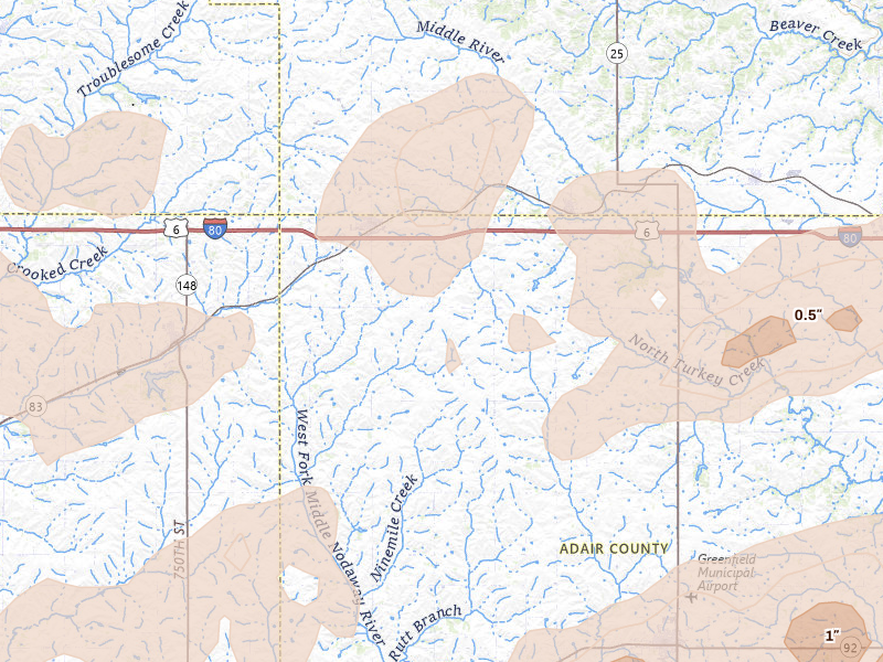 Radar-estimated hail-size map of the storm over Adair, IA on Aug 13, 2026