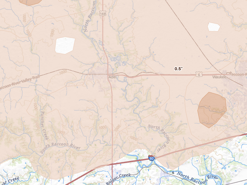 Radar-estimated hail-size map of the storm over Adel, IA on Mar 30, 2026