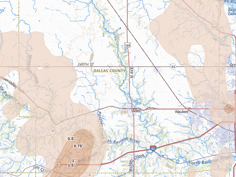 Radar-estimated hail-size map of the storm over Adel, IA on Jul 3, 2026