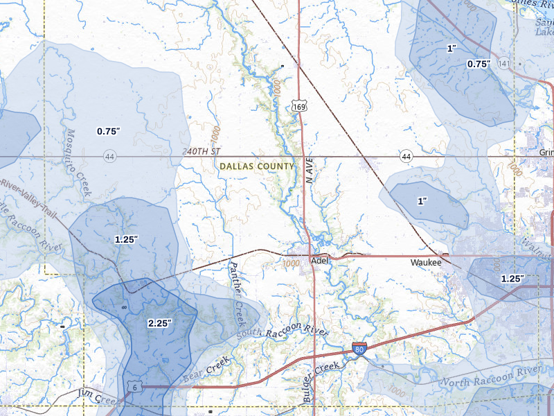 NEXRAD radar-signature map of the hail storm over Adel, IA on Jul 3, 2026