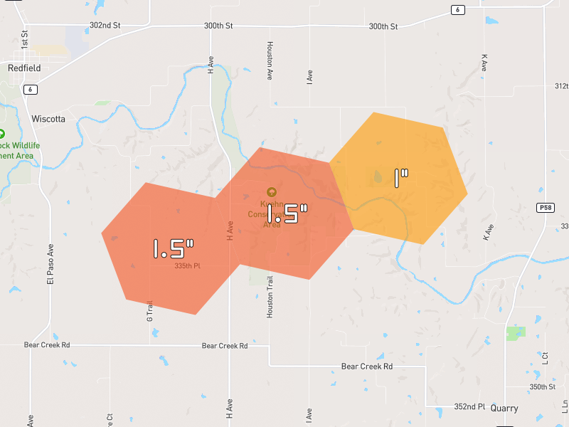 Hail map of Adel, IA on Jul 4, 2026, hail up to 1.5"