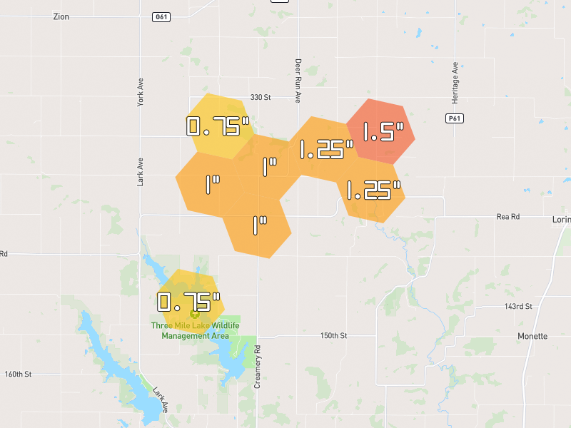 Hail map of Afton, IA on Jun 6, 2026, hail up to 1.5"