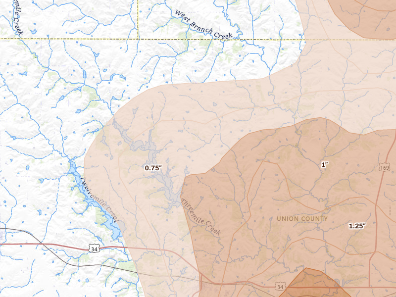 Radar-estimated hail-size map of the storm over Afton, IA on Jun 11, 2026