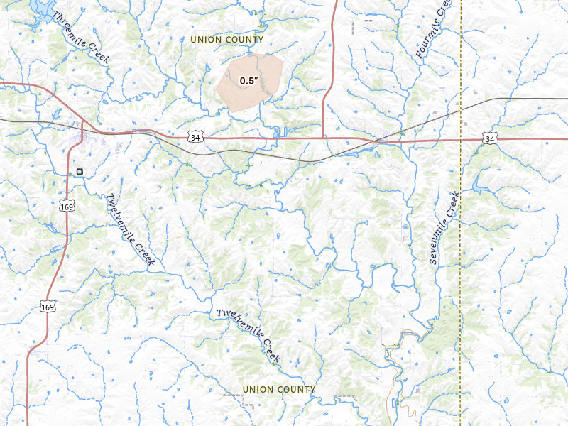 Radar-estimated hail-size map of the storm over Afton, IA on Aug 19, 2026